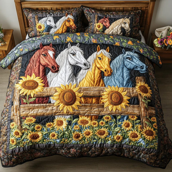 Country Canter quilted 3-piece bedding set on a made bed in a farmhouse bedroom