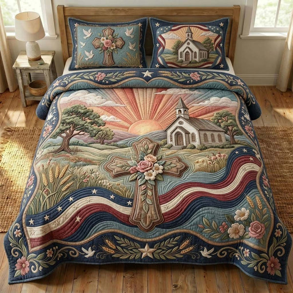 Country Chapel quilted 3-piece bedding set on a made bed in a softly lit bedroom