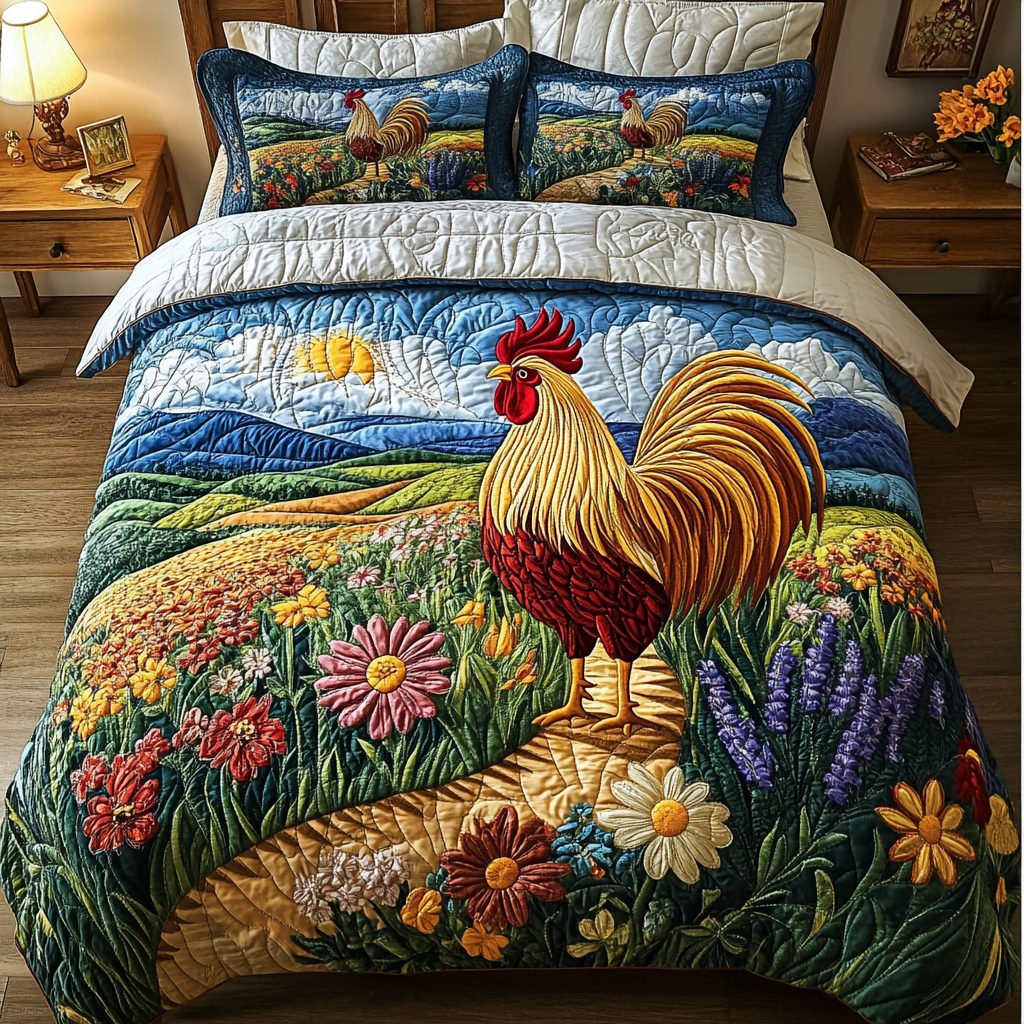 Country Charm quilted 3-piece bedding set on a made bed in a farmhouse bedroom