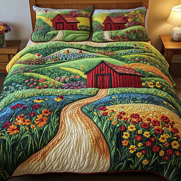 Country Charm quilted 3-piece bedding set on a made bed in a farmhouse bedroom