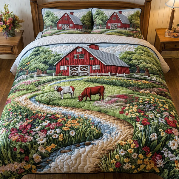 Country Charm quilted 3-piece bedding set on a made bed in a farmhouse bedroom