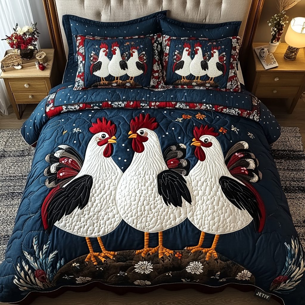 Country Chickens quilted 3-piece bedding set on a made bed in a farmhouse bedroom