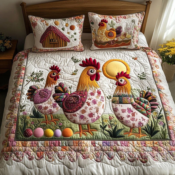 Country Chickens quilted 3-piece bedding set on a made bed in a farmhouse bedroom