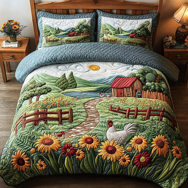 Country Chirp quilted 3-piece bedding set on a made bed in a farmhouse bedroom