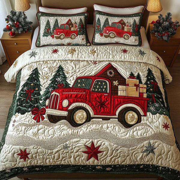 Country Christmas Ride quilted 3-piece bedding set on a made bed in a winter-styled bedroom