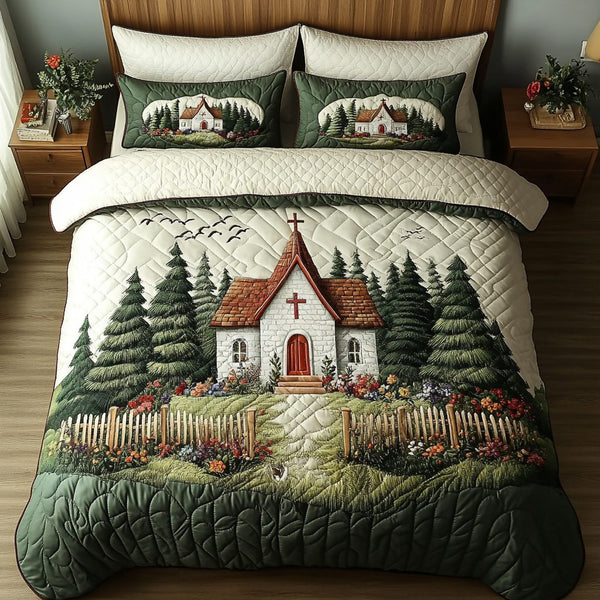 Country Church quilted 3-piece bedding set on a made bed in a farmhouse bedroom