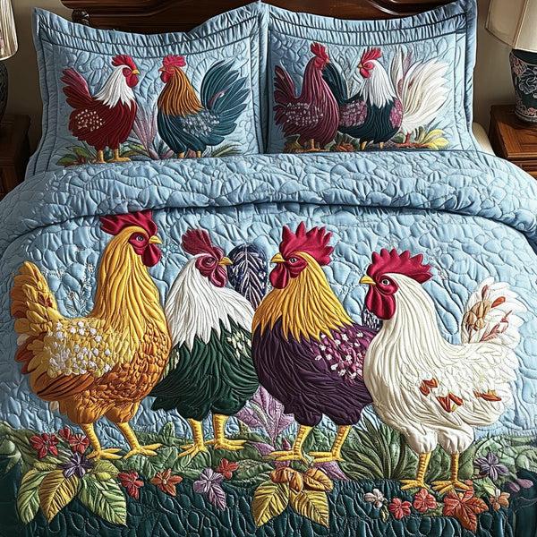 Country Cluck quilted 3-piece bedding set on a made bed in a farmhouse bedroom