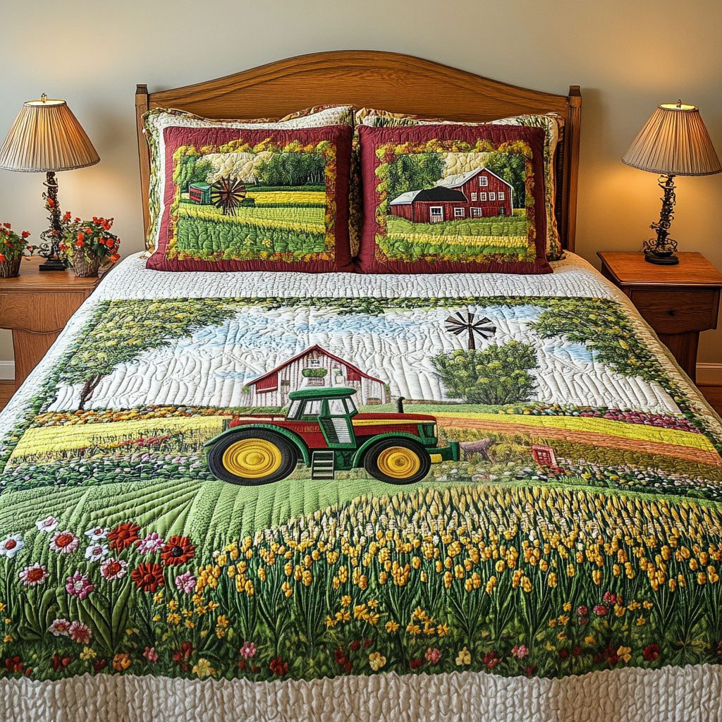Country Comfort quilted 3-piece bedding set on a made bed in a farmhouse bedroom