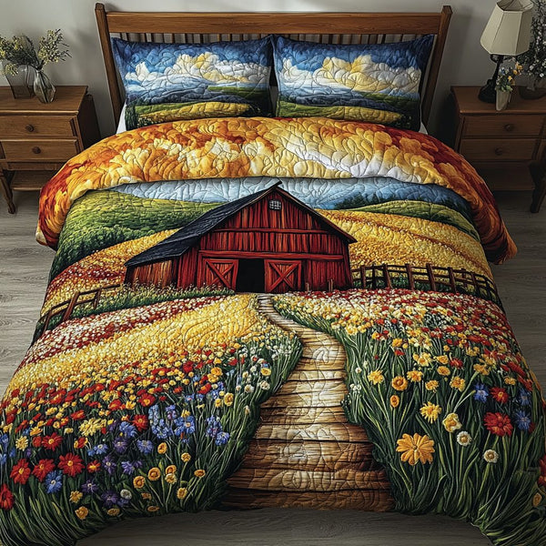 Country Comfort quilted 3-piece bedding set on a made bed in a farmhouse bedroom