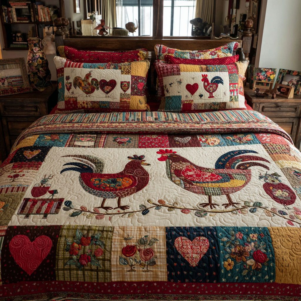 Country Coop quilted 3-piece bedding set on a made bed in a farmhouse bedroom