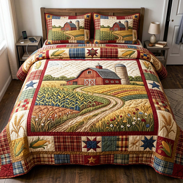 Country Cornfield quilted 3-piece bedding set on a made bed in a farmhouse bedroom