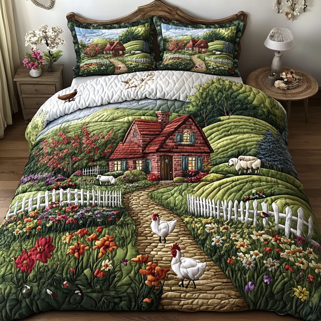 Country Cottage Lane quilted 3-piece bedding set on a made bed in a farmhouse bedroom