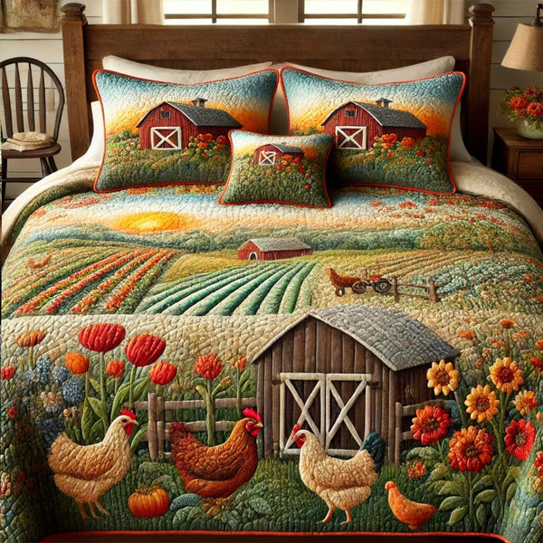 Country Cottage quilted 3-piece bedding set on a made bed in a farmhouse bedroom