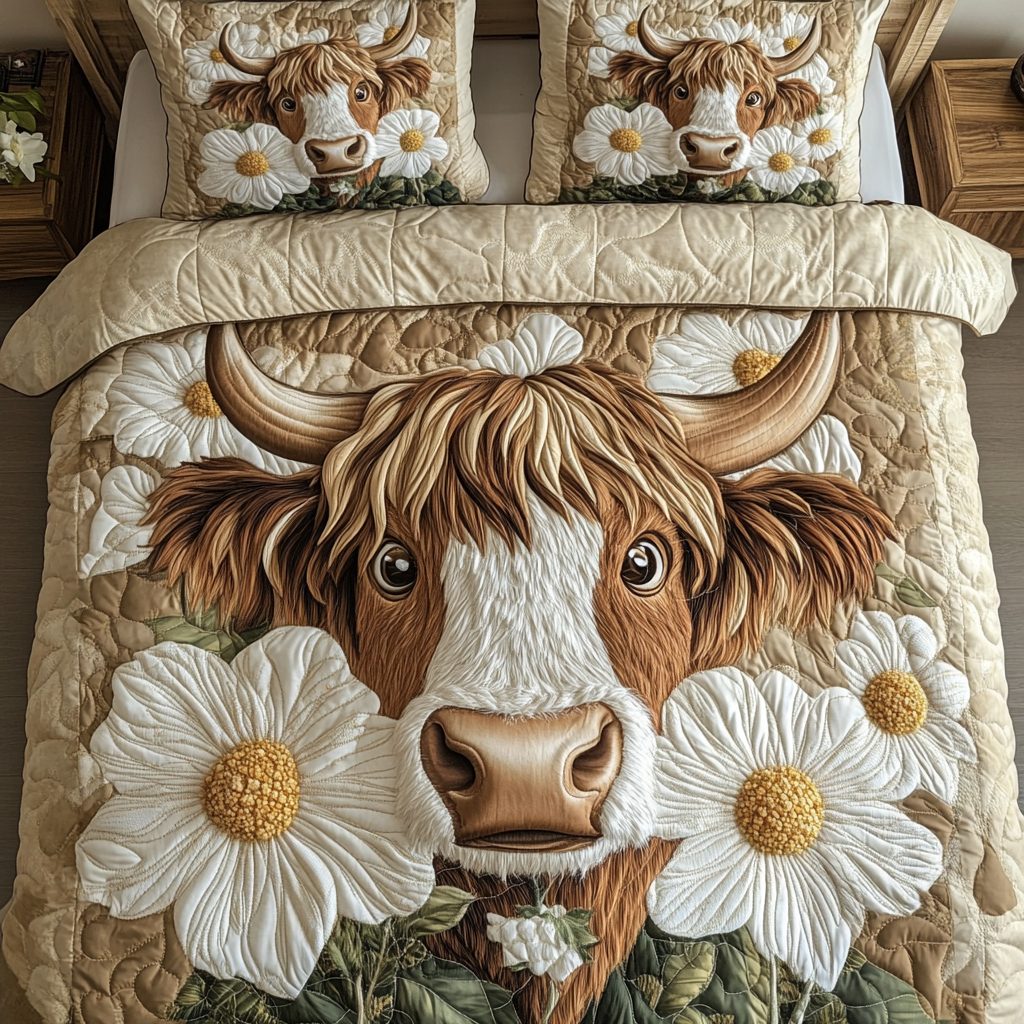 Country Cow quilted 3-piece bedding set on a made bed in a farmhouse bedroom
