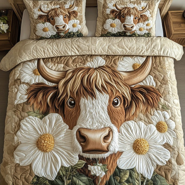 Country Cow quilted 3-piece bedding set on a made bed in a farmhouse bedroom