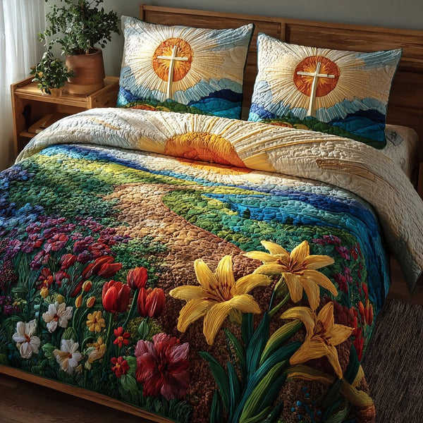 Country Cross quilted 3-piece bedding set on a made bed in a softly lit bedroom