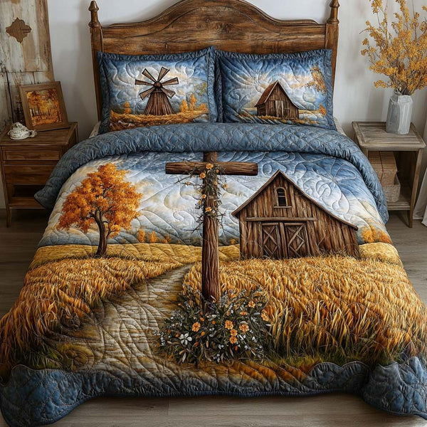 Country Crosswalk quilted 3-piece bedding set on a made bed in a farmhouse bedroom
