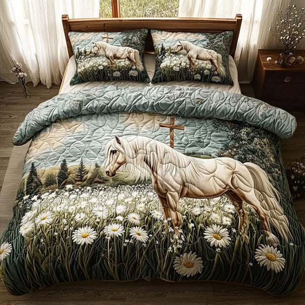 Country Faith quilted 3-piece bedding set on a made bed in a softly lit bedroom