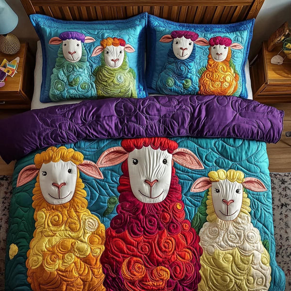Country Flock quilted 3-piece bedding set on a made bed in a farmhouse bedroom
