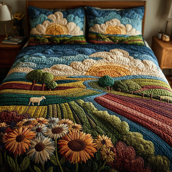 Country Flower Scene quilted 3-piece bedding set on a made bed in a farmhouse bedroom