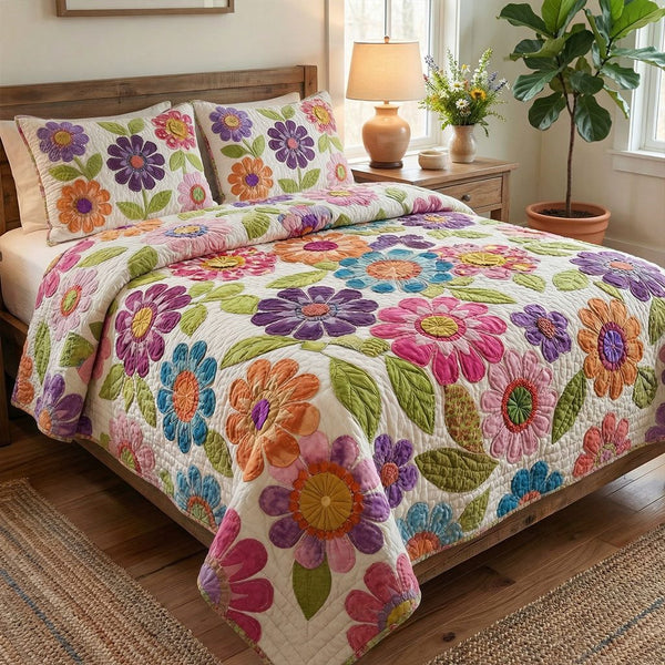 Country Flowers Haven quilted 3-piece bedding set on a made bed in a farmhouse bedroom