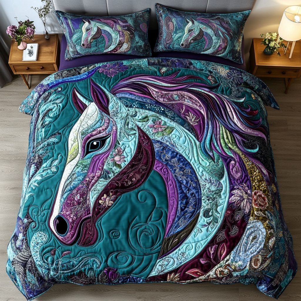 Country Gallop quilted 3-piece bedding set on a made bed in a farmhouse bedroom