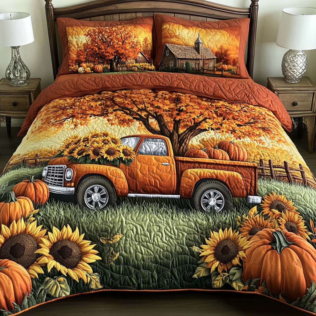 Country Glow quilted 3-piece bedding set on a made bed in a farmhouse bedroom
