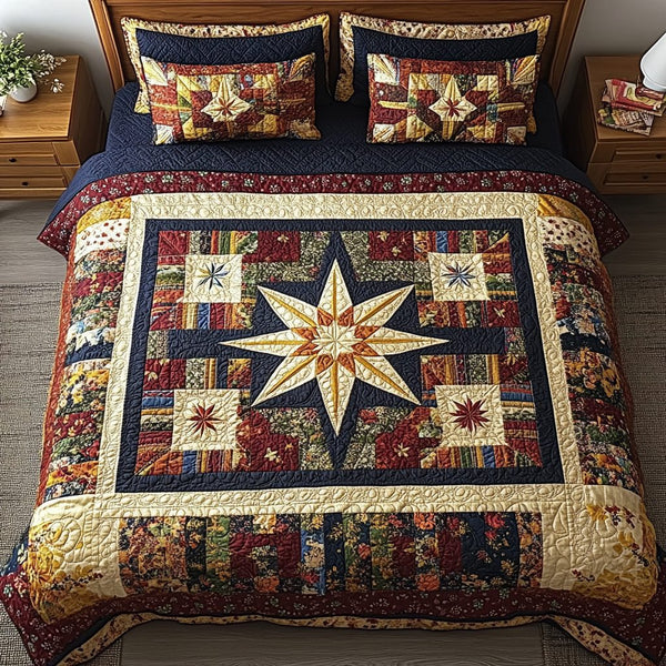 Country Glow quilted 3-piece bedding set on a made bed in a farmhouse bedroom