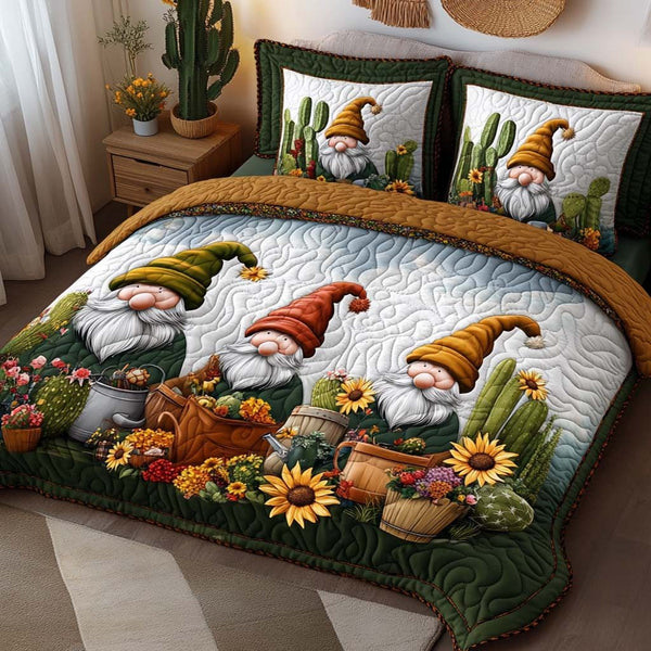 Country Gnome Charm quilted 3-piece bedding set on a made bed in a winter-styled bedroom