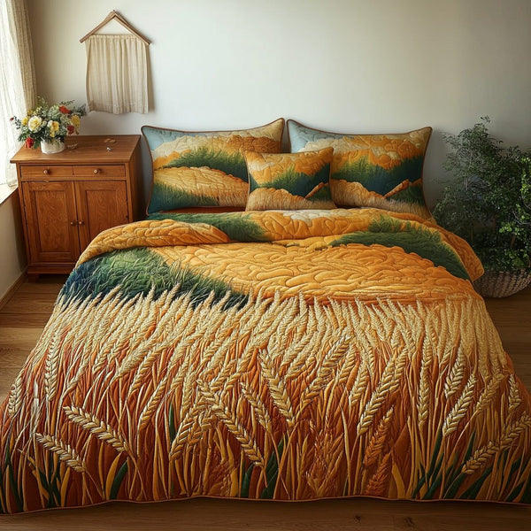 Country Gold quilted 3-piece bedding set on a made bed in a farmhouse bedroom