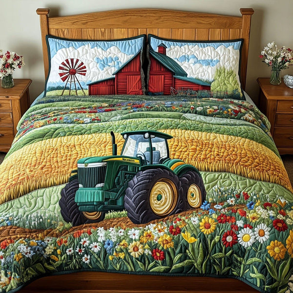 Country Harvest quilted 3-piece bedding set on a made bed in a farmhouse bedroom
