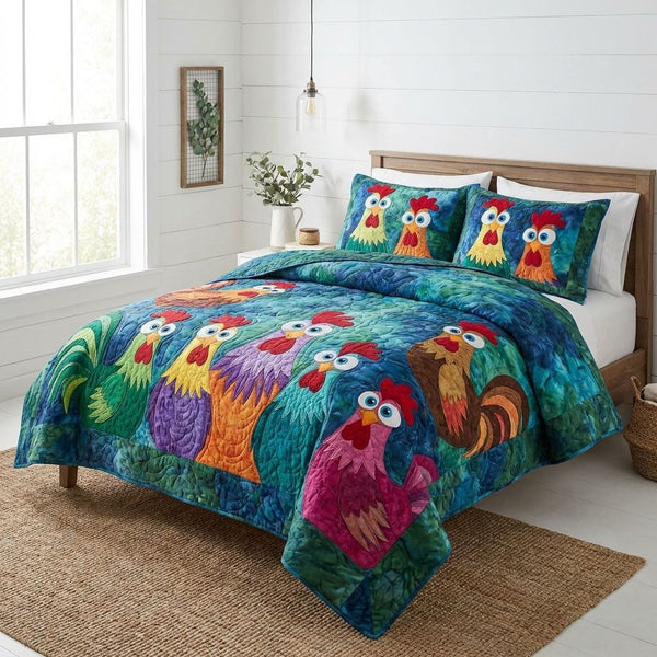 Country Hen quilted 3-piece bedding set on a made bed in a farmhouse bedroom