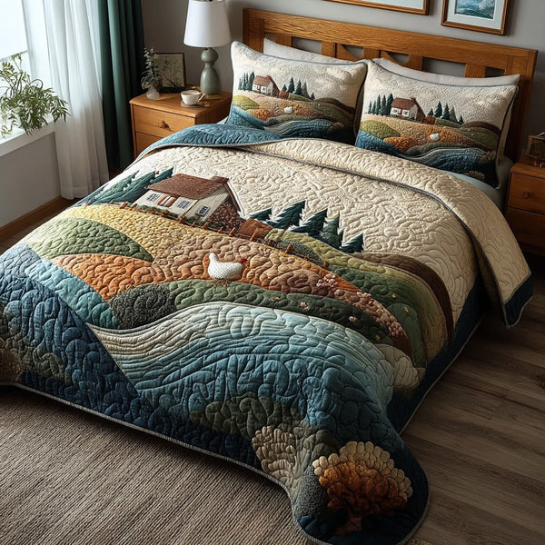 Country Hen quilted 3-piece bedding set on a made bed in a farmhouse bedroom