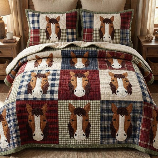 Country Horses quilted 3-piece bedding set on a made bed in a rustic timber bedroom