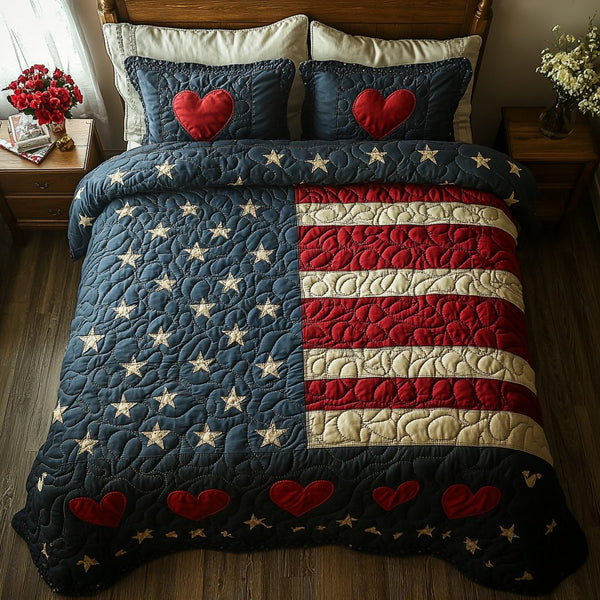 Country Liberty quilted 3-piece bedding set on a made bed in a warmly lit bedroom