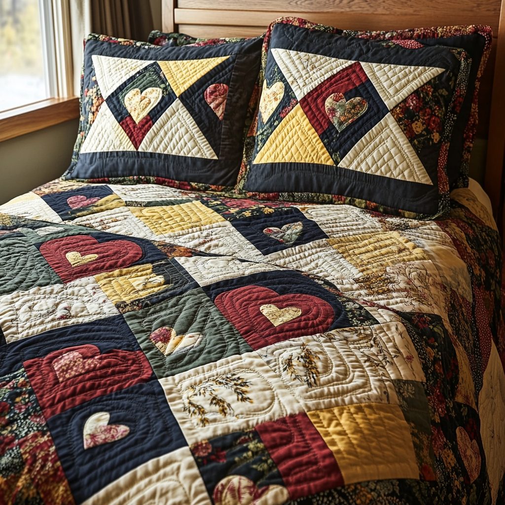Country Love Quilt quilted 3-piece bedding set on a made bed in a farmhouse bedroom