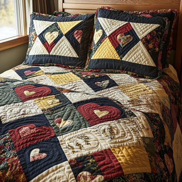 Country Love Quilt quilted 3-piece bedding set on a made bed in a farmhouse bedroom