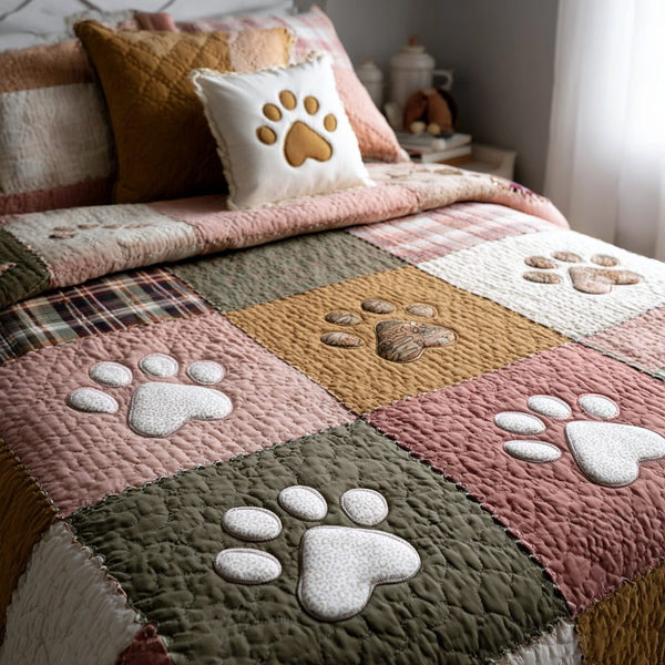 Country Meadow Paws quilted 3-piece bedding set on a made bed in a farmhouse bedroom