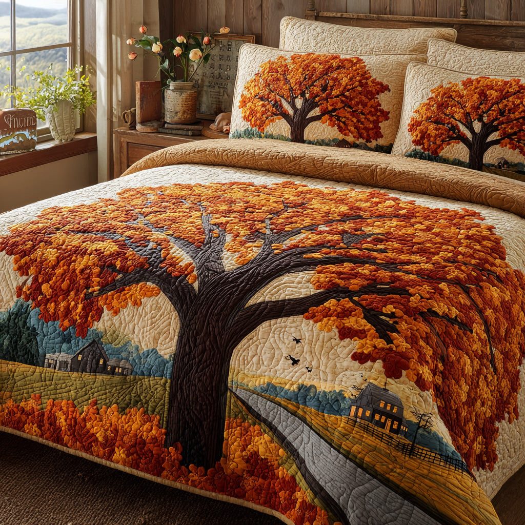 Country Oak quilted 3-piece bedding set on a made bed in a farmhouse bedroom