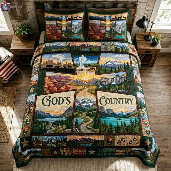 Country Of God quilted 3-piece bedding set on a made bed in a softly lit bedroom