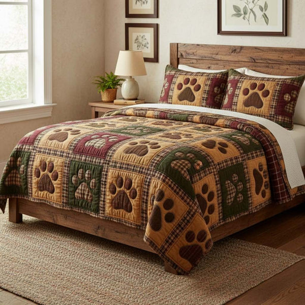 Country Paw quilted 3-piece bedding set on a made bed in a farmhouse bedroom