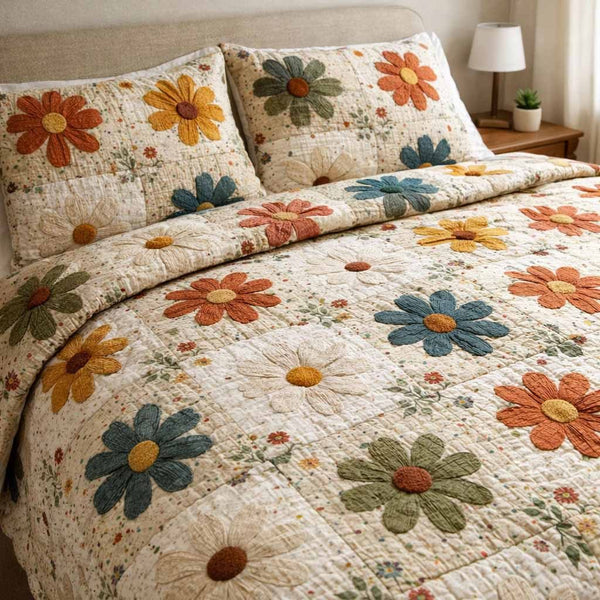 Country Petals quilted 3-piece bedding set on a made bed in a farmhouse bedroom