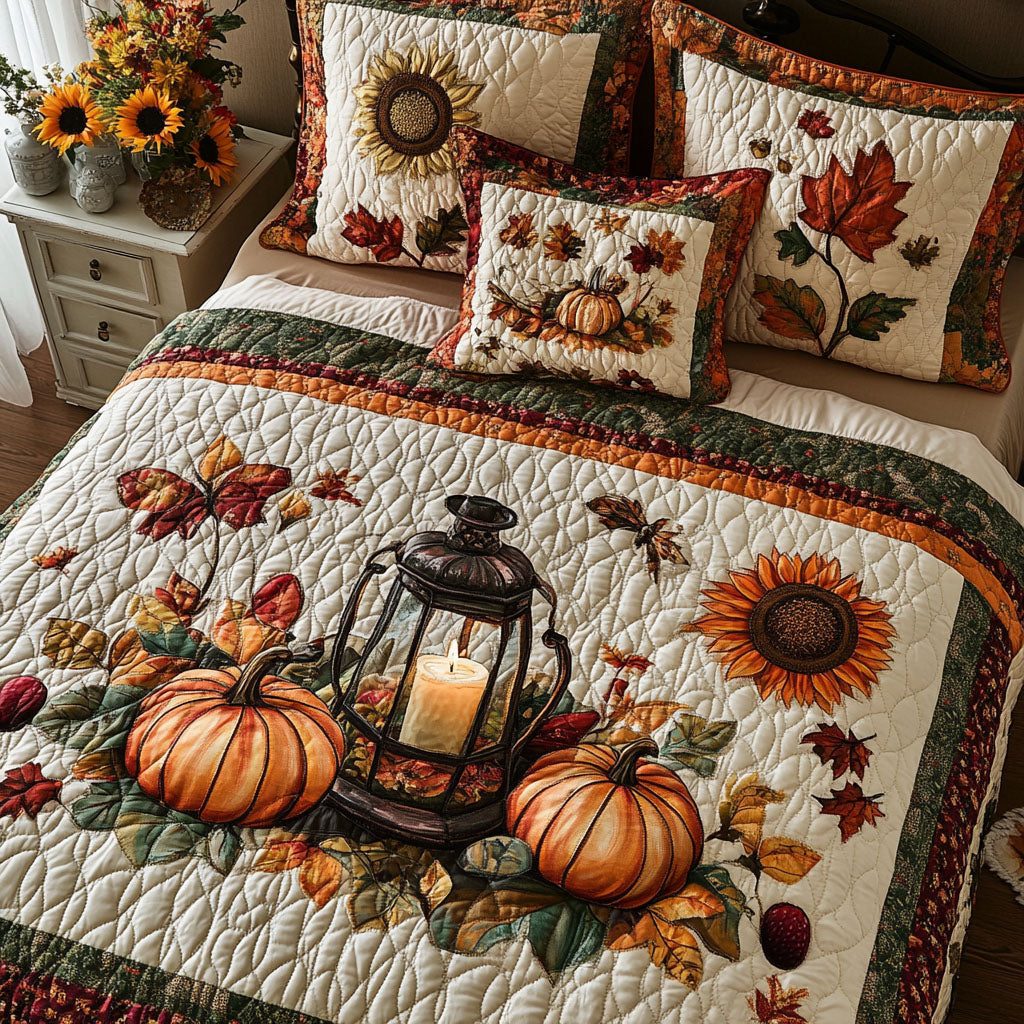 Country Pumpkin Lane quilted 3-piece bedding set on a made bed against a dark styled interior