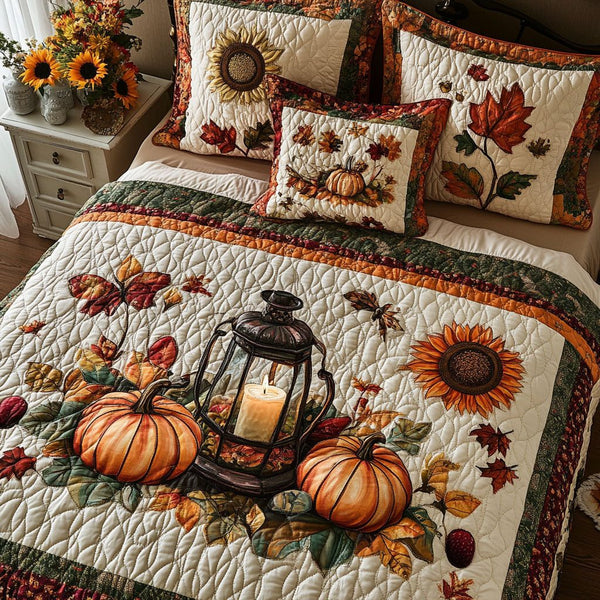 Country Pumpkin Lane quilted 3-piece bedding set on a made bed against a dark styled interior