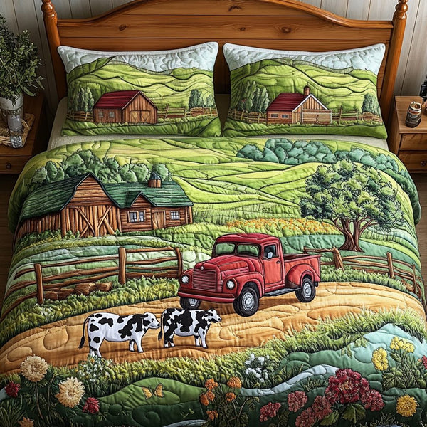 Country Ride quilted 3-piece bedding set on a made bed in a farmhouse bedroom