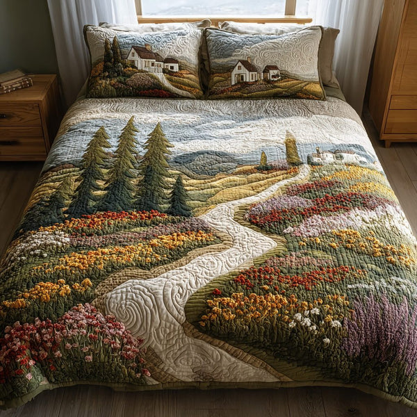 Country Road quilted 3-piece bedding set on a made bed in a farmhouse bedroom