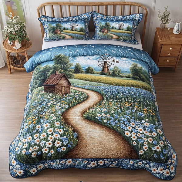 Country Road quilted 3-piece bedding set on a made bed in a farmhouse bedroom