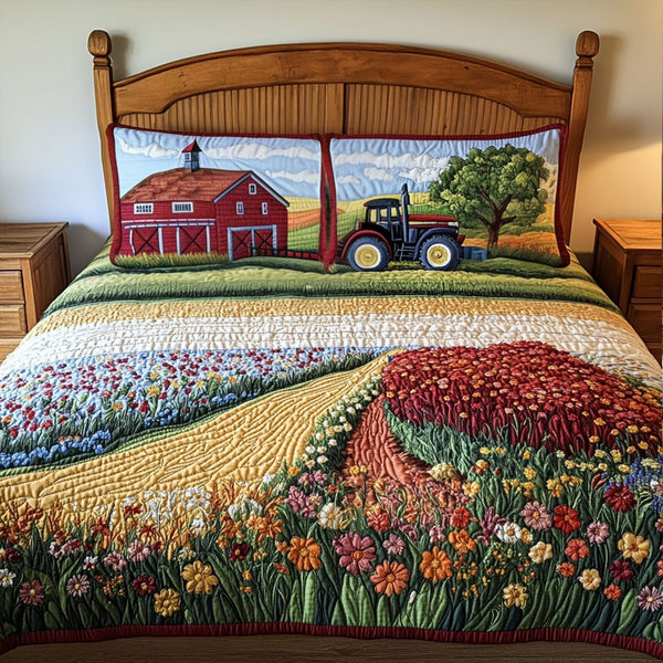 Country Roadways quilted 3-piece bedding set on a made bed in a farmhouse bedroom