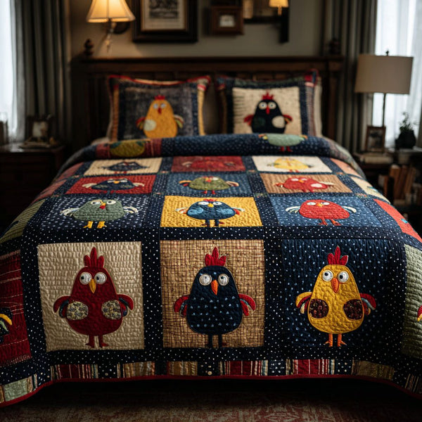 Country Roosters quilted 3-piece bedding set on a made bed in a farmhouse bedroom