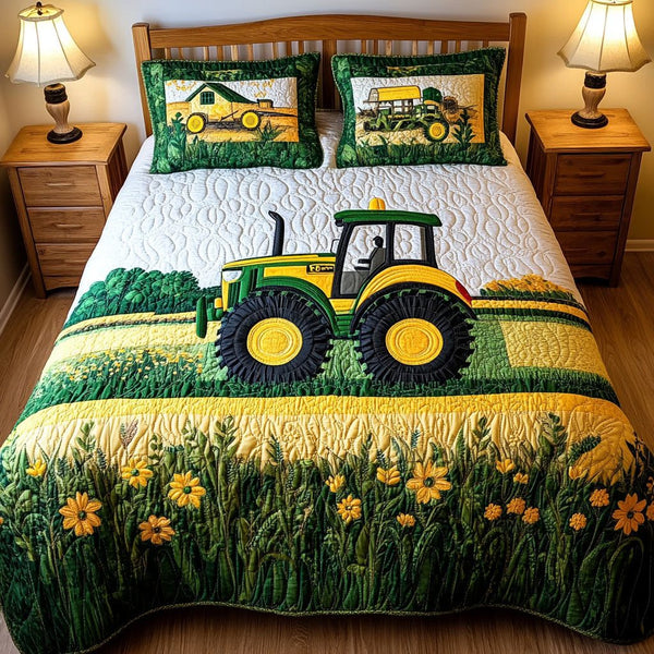 Country Roots quilted 3-piece bedding set on a made bed in a farmhouse bedroom